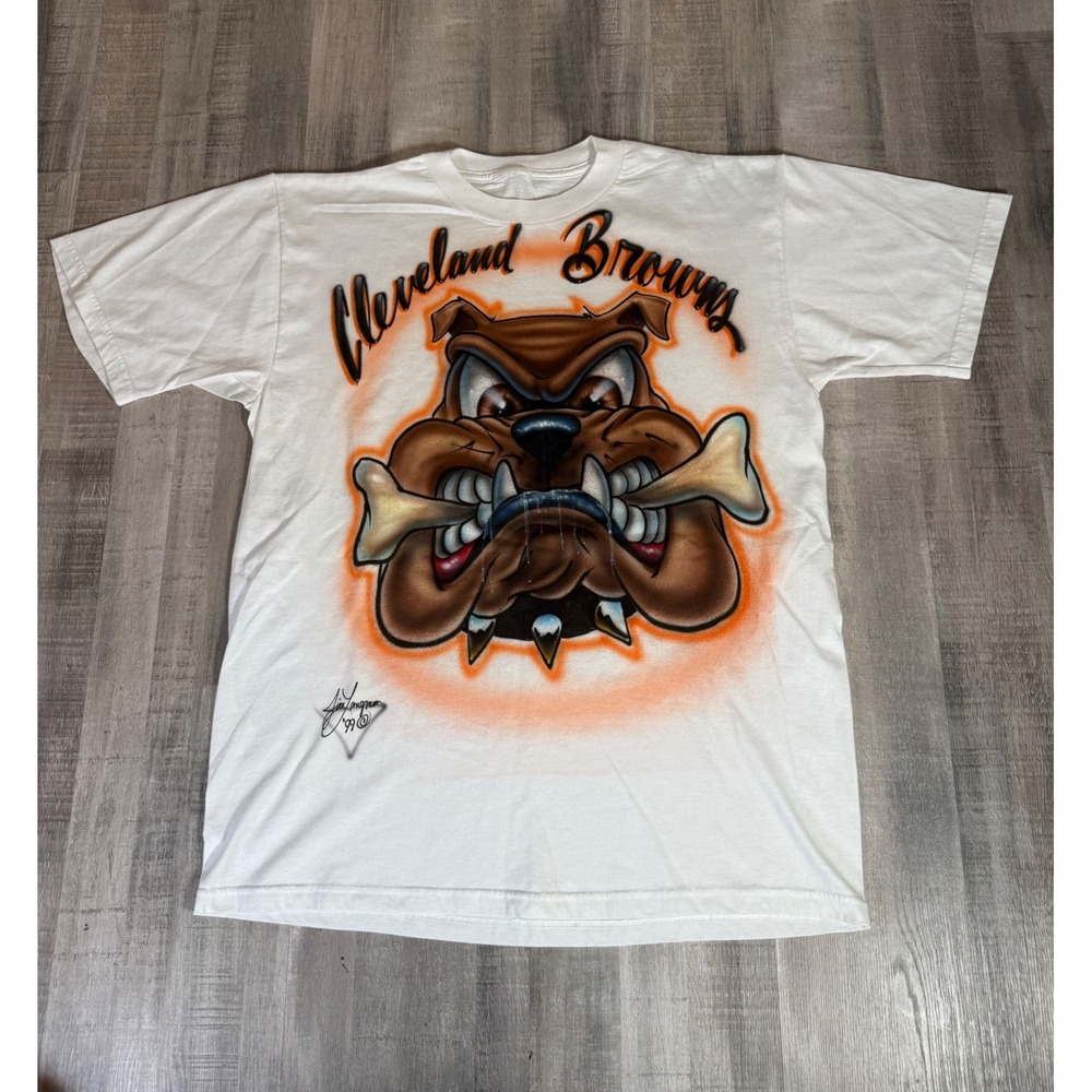 Vintage 1999 Cleveland Browns Airbrush Dawg Pound Bulldog T-Shirt White Mens XL